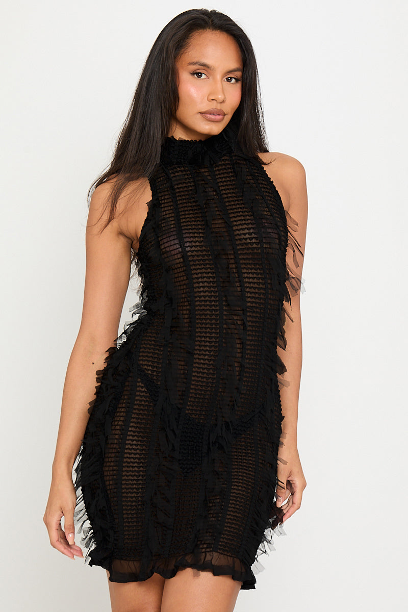 Black Sheer High Neck Shaggy Mini Dress | Nothingbutstyle Black Sheer High Neck Shaggy Mini Dress | Nothingbutstyle