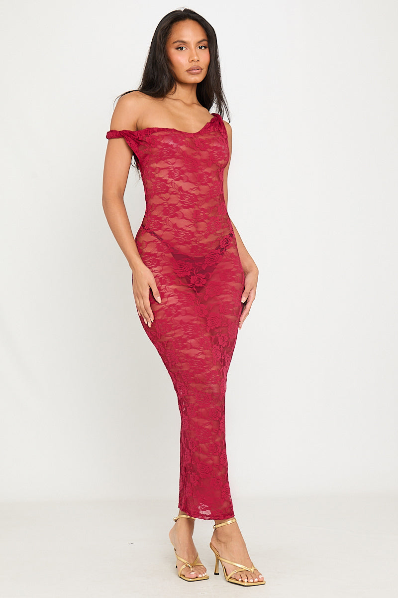 Wine Sheer Lace Twist Detail Asymmetric Maxi Dress Wine Sheer Lace Twist Detail Asymmetric Maxi Dress