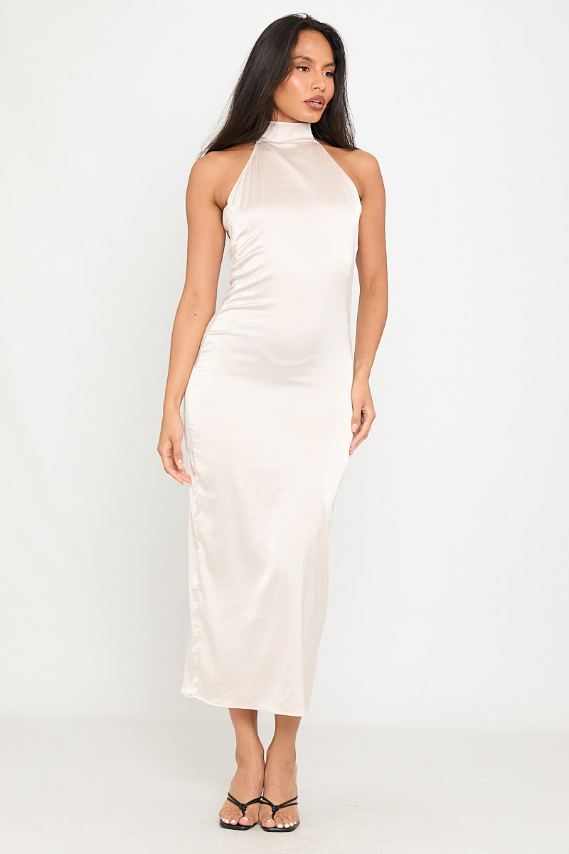 Champagne Satin High Neck Open Back Maxi Dress Champagne Satin High Neck Open Back Maxi Dress