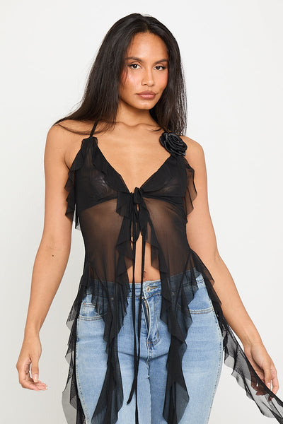 Black Sheer Mesh Plunge Halter Neck Ruffle Top | Nothingbutstyle