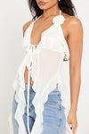 White Sheer Mesh Plunge Halter Neck Ruffle Top