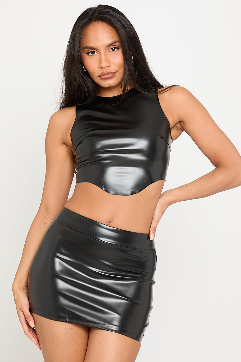 Black Faux Leather Dip Hem Top & Mini Skirt Co-Ord