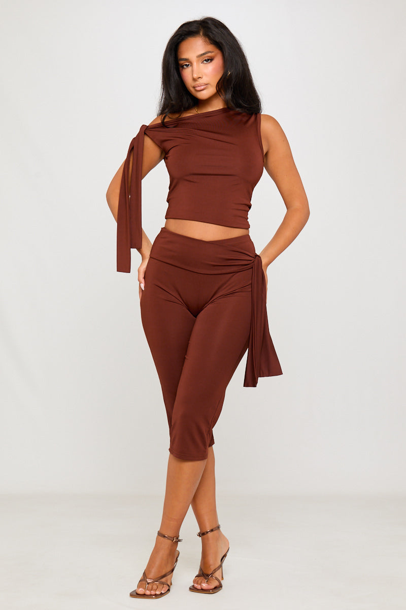 Brown One Shoulder Knot Detail Top & Capri Pants Co-Ord