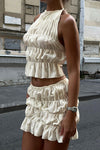 Cream Ruched Sheer Halter Top & Mini Skirt Co-Ord