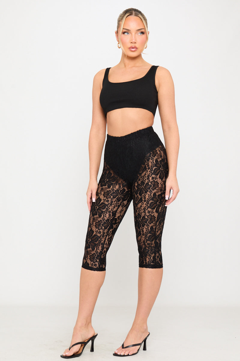 Black Sheer Floral Lace Capri Pants