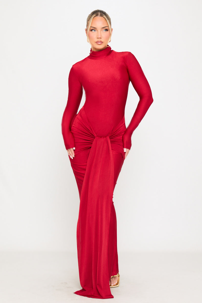 Red Turtle Neck Slinky Jersey Sarong Maxi Dress