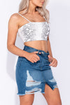 Mid Blue Distressed Denim Mini Skirt