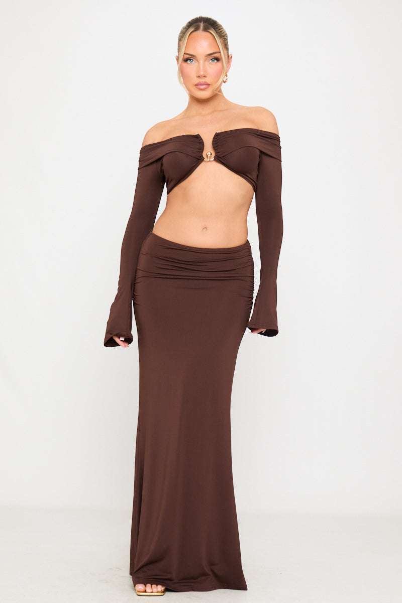Brown Off Shoulder Top & Ruched Maxi Skirt Co-Ord