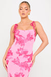 Pink Floral Embroidered Shoulder Tie Maxi Dress
