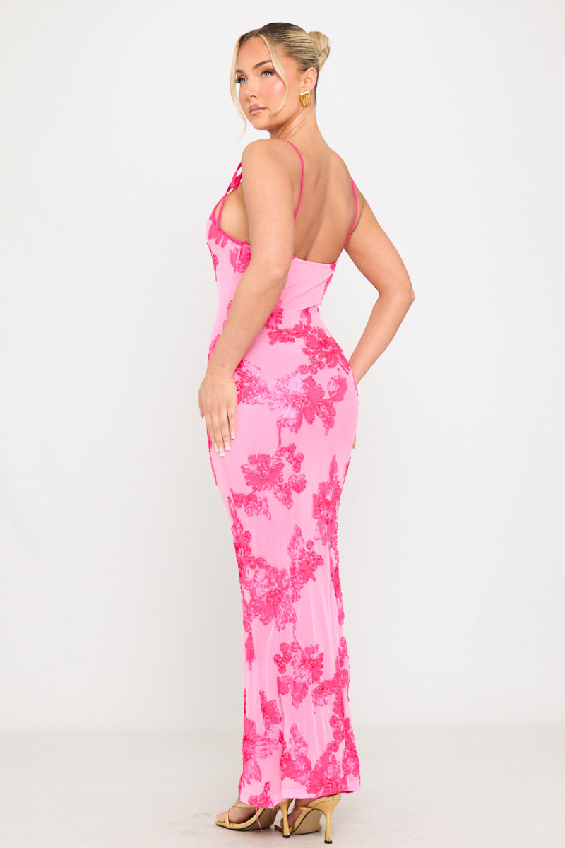 Pink Floral Embroidered Shoulder Tie Maxi Dress