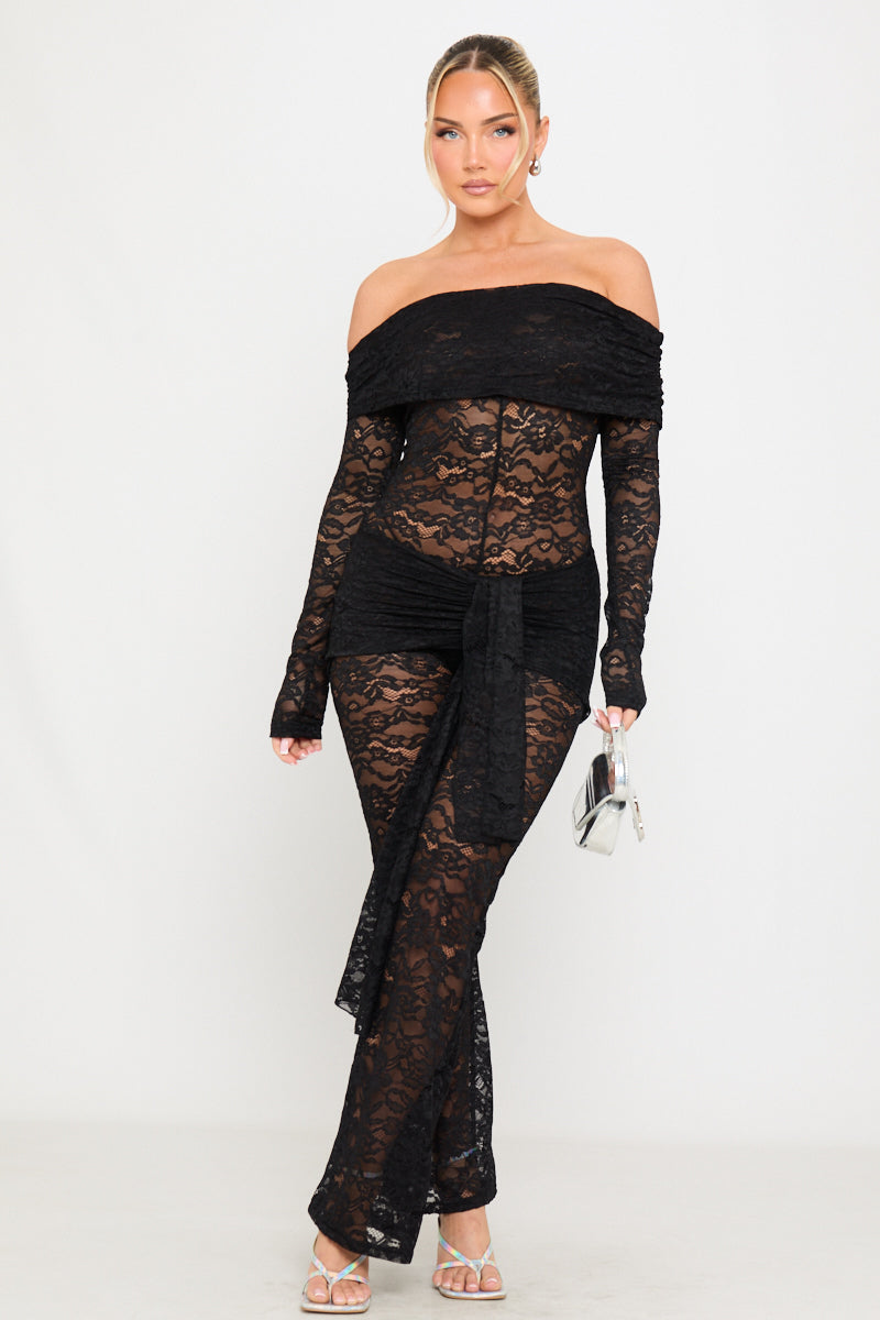 Black Sheer Lace Off Shoulder Fold Over Jumpsuit