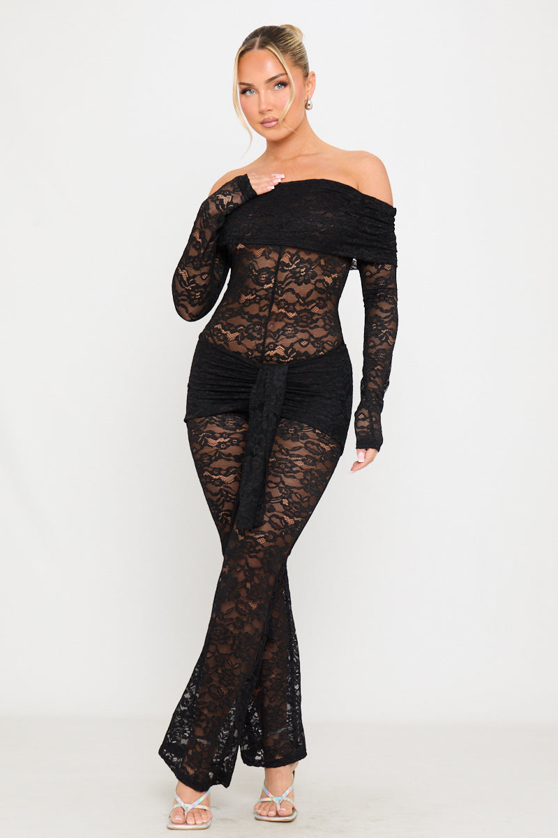 Black Sheer Lace Off Shoulder Fold Over Jumpsuit