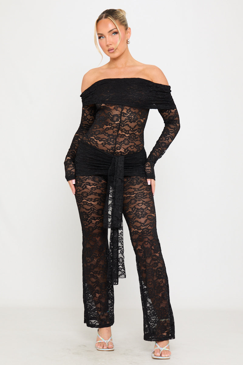 Black Sheer Lace Off Shoulder Fold Over Jumpsuit