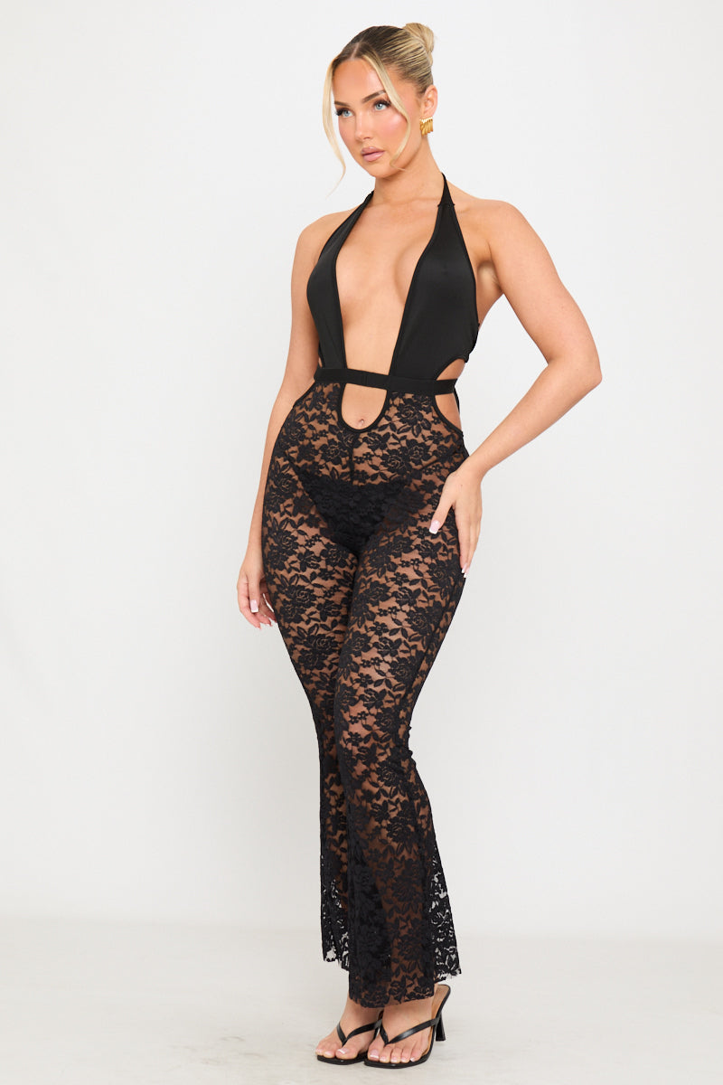 Black Sheer Lace Halterneck Plunge Flare Jumpsuit