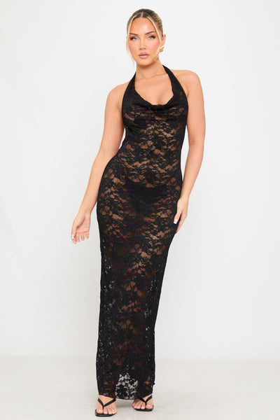 chinese dress ladies Black Sheer Lace Cowl Neck Backless Maxi Dress