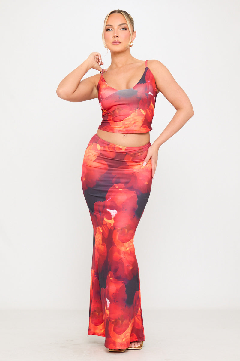 Red Floral Print Strappy Top & Maxi Skirt Co-Ord