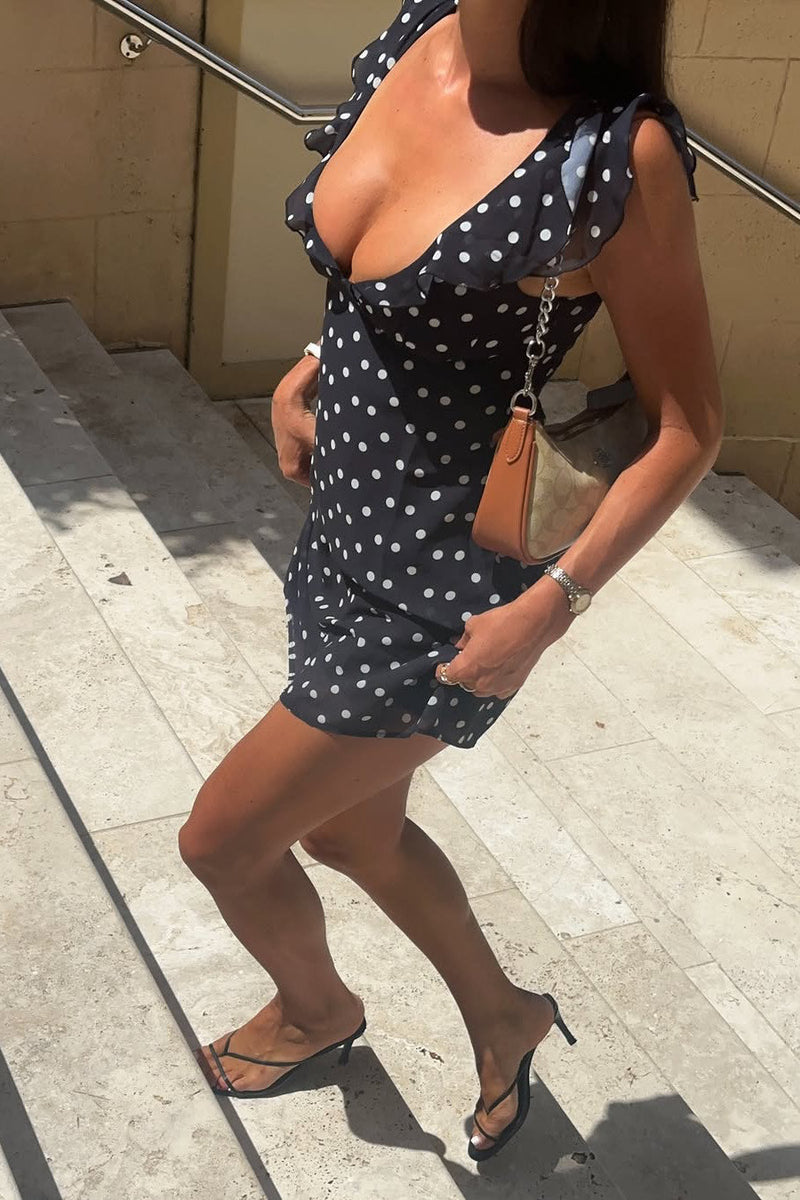 Black Polka Dot Ruffle Trim Mini Dress