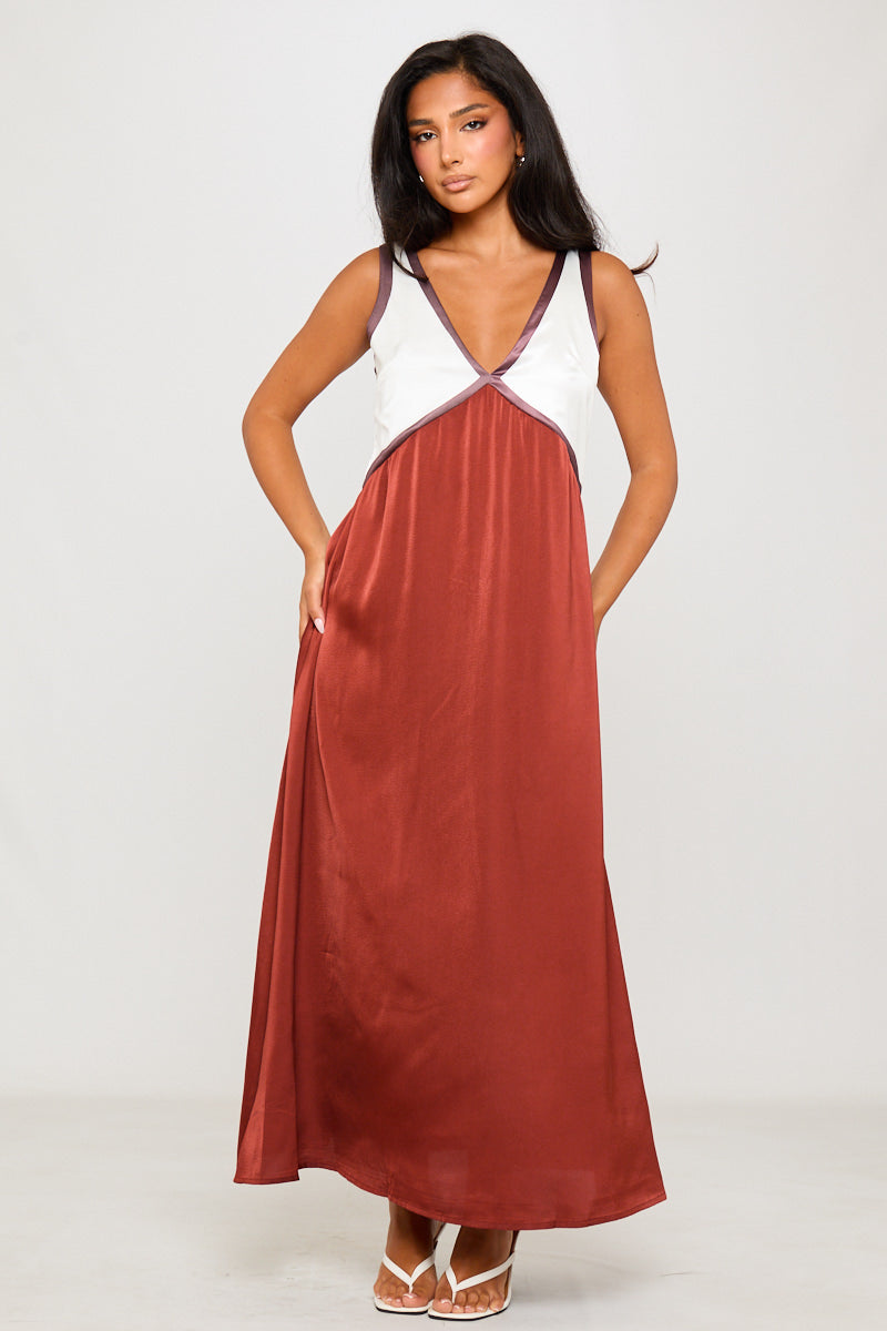 Brown Satin Contrast V-Neck Sleeveless Maxi Dress