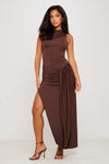 Brown Pleated Asymmetric Thigh Split Maxi Dress