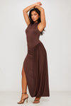Brown Pleated Asymmetric Thigh Split Maxi Dress