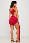 Wine One Shoulder Cut Out Draped Mini Dress