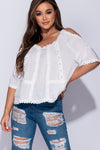 White Cold Shoulder Lace Trim Top