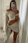 Beige Linen Off Shoulder Top & Sarong Mini Skirt Co-Ord