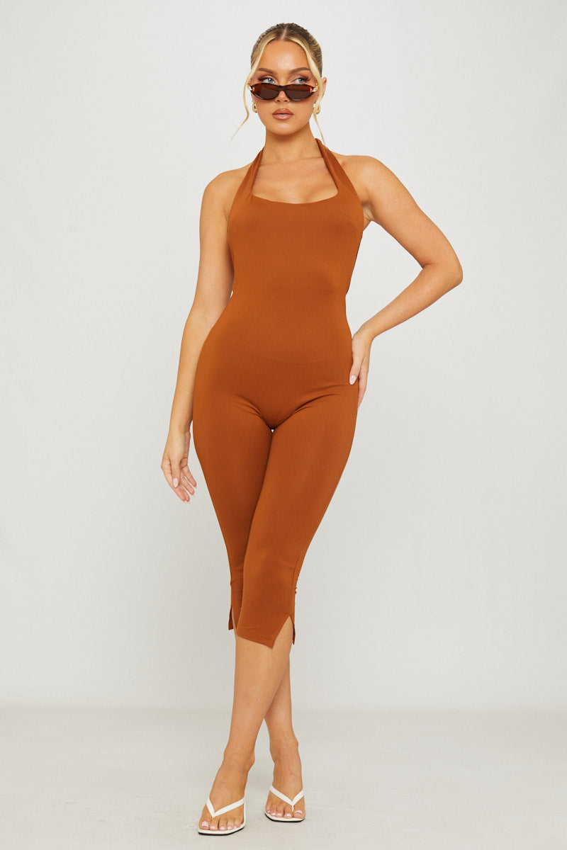 Brown Halter Neck Open Back Capri Jumpsuit