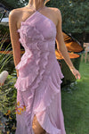 Pink Halterneck Ruffle Asymmetric Gown Dress