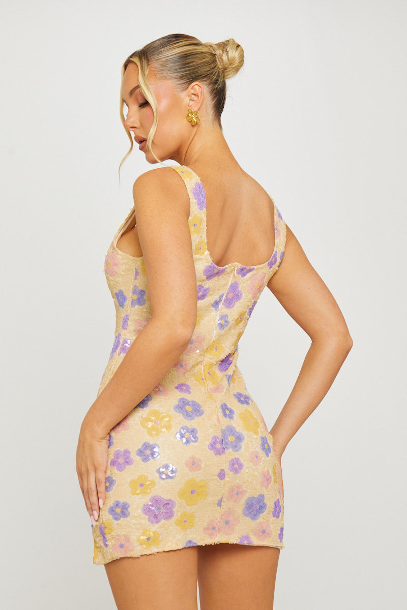 Purple Floral Detail Square Neck Mini Dress