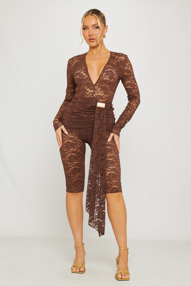Brown Lace Plunge Drape Detail Capri Jumpsuit