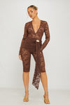 Brown Lace Plunge Drape Detail Capri Jumpsuit
