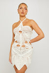 Off White Floral Crochet Cut Out Halter Mini Dress