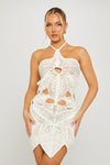 Off White Floral Crochet Cut Out Halter Mini Dress