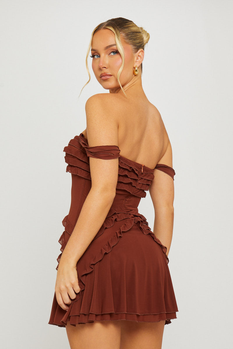 Brown Strapless Chiffon Ruffle Detail Mini Dress