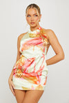 Yellow Floral Print High Neck Backless Mini Dress