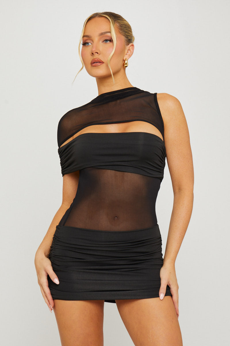 Black High Neck Mesh One Shoulder Dress