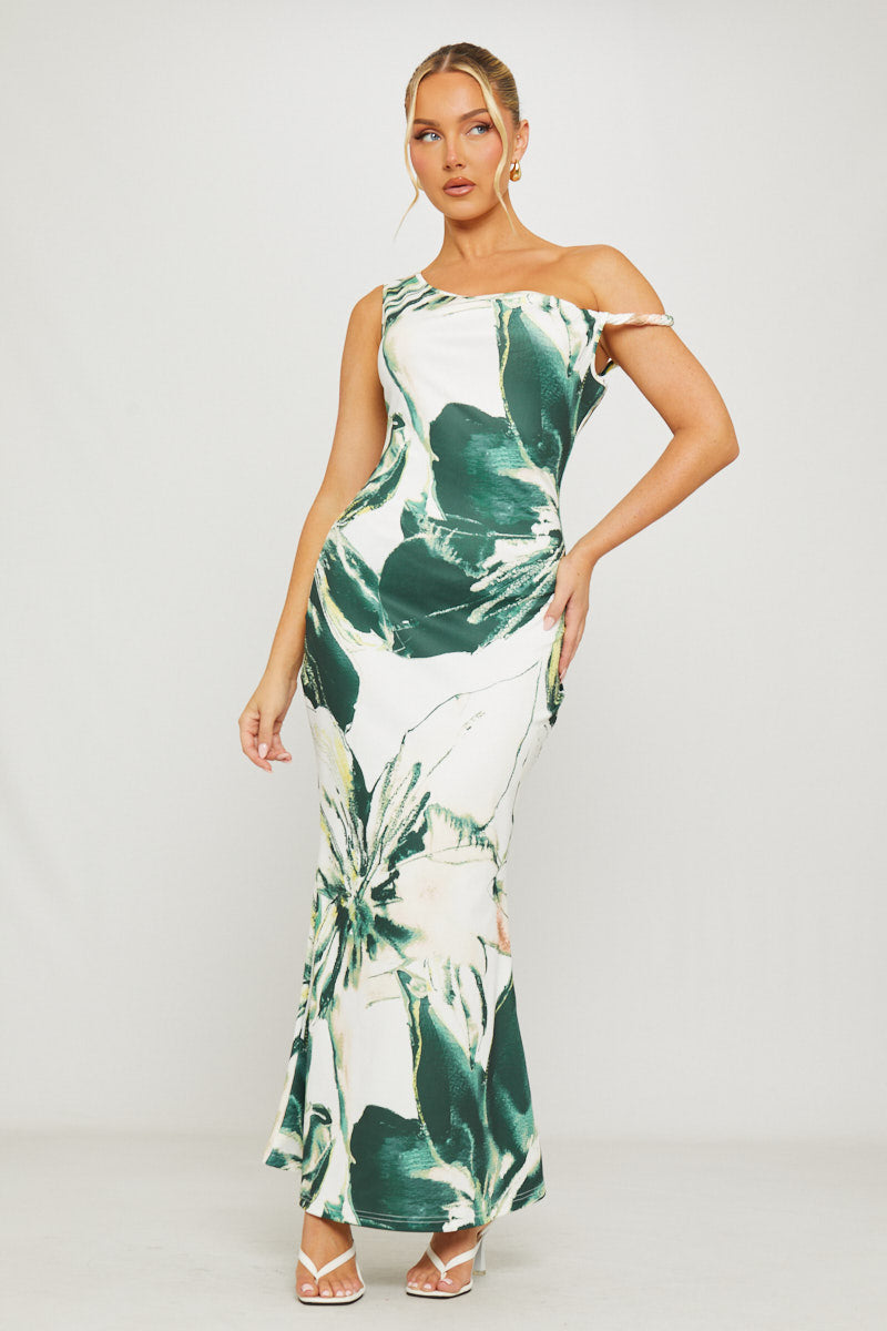 green and white one shoulder dress ADDISON KNOT ONE SHOULDER TWIST WAIST DETAIL MAXI DRESS