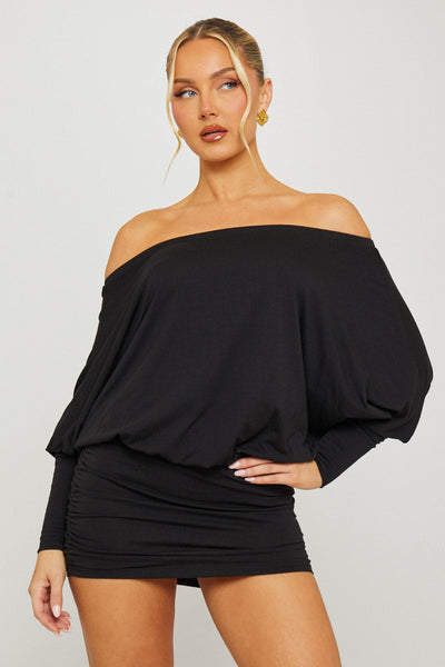 Black Off Shoulder Ruched Batwing Mini Dress Black Off Shoulder Ruched Batwing Mini Dress