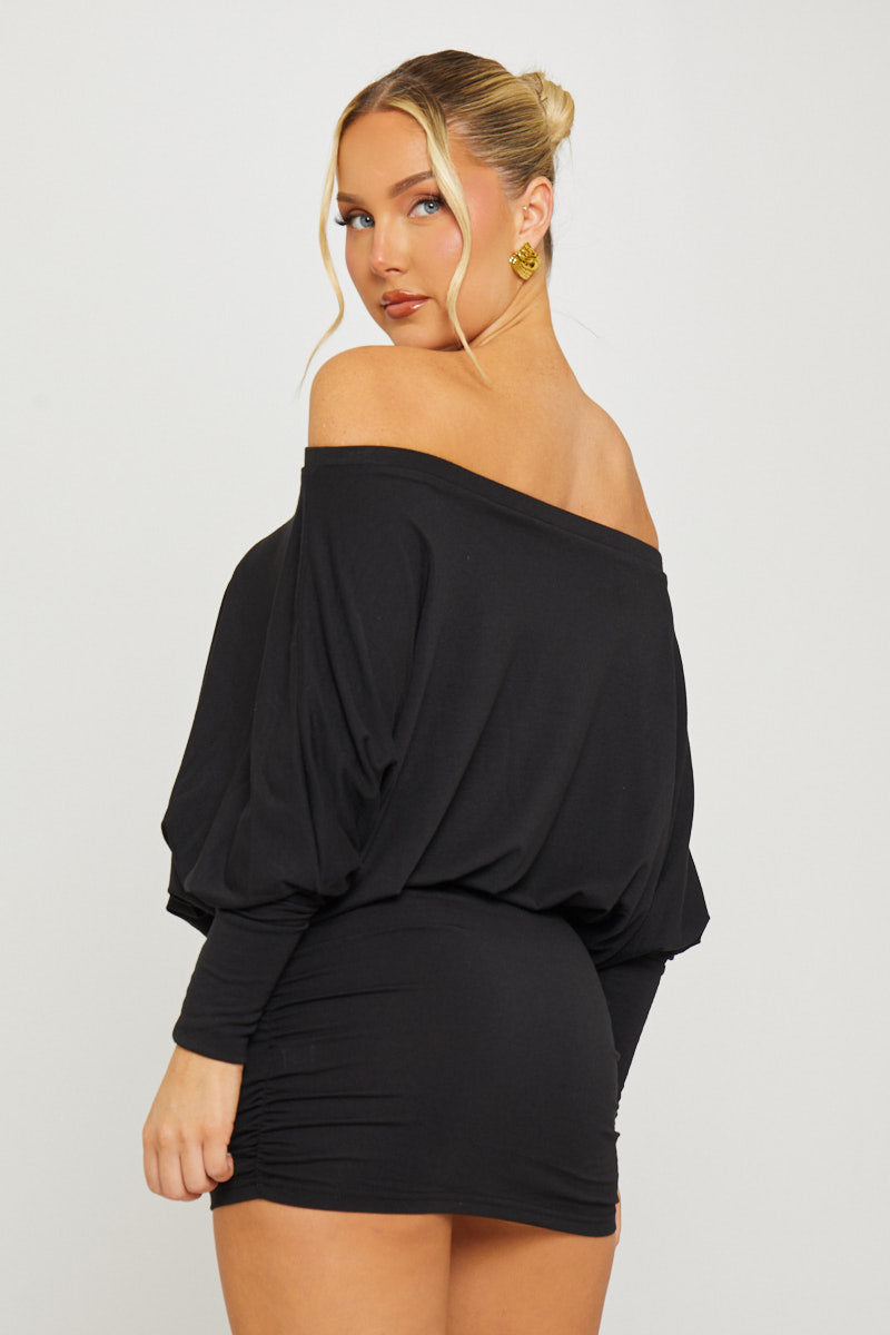 Black Off Shoulder Ruched Batwing Top
