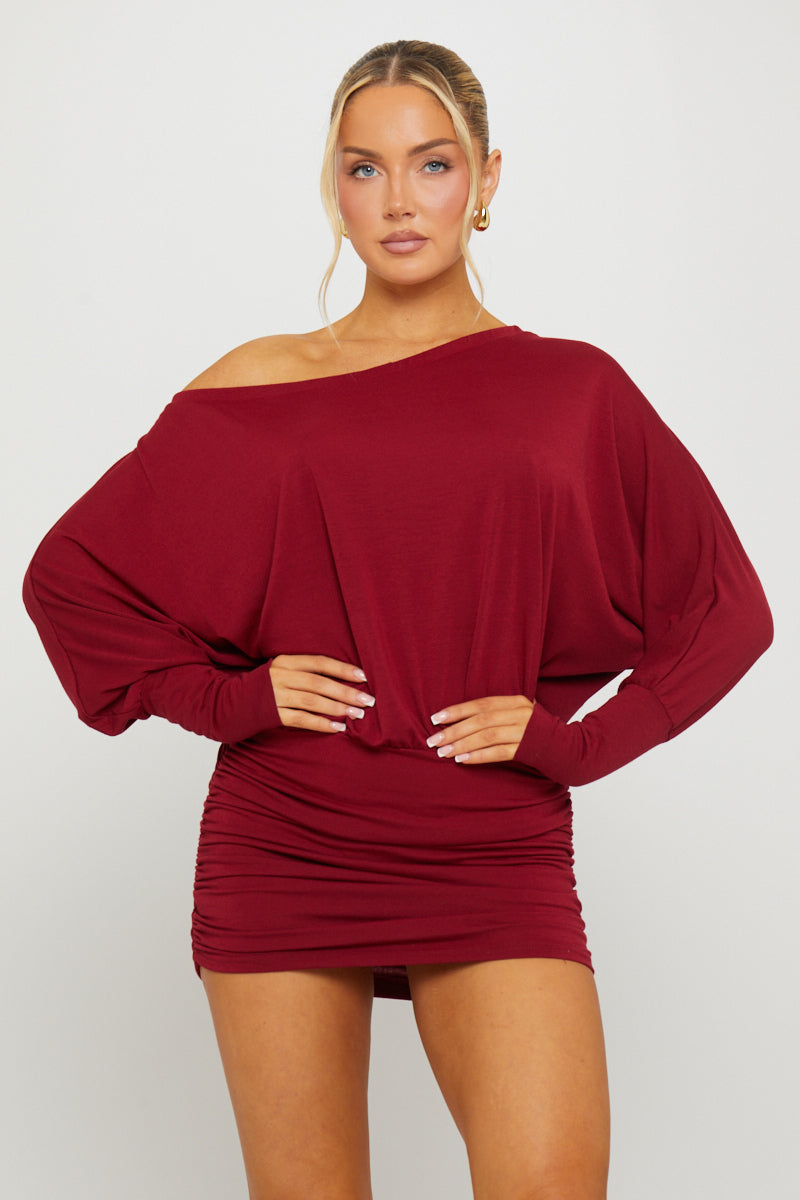 Burgundy Off Shoulder Ruched Batwing Mini Dress
