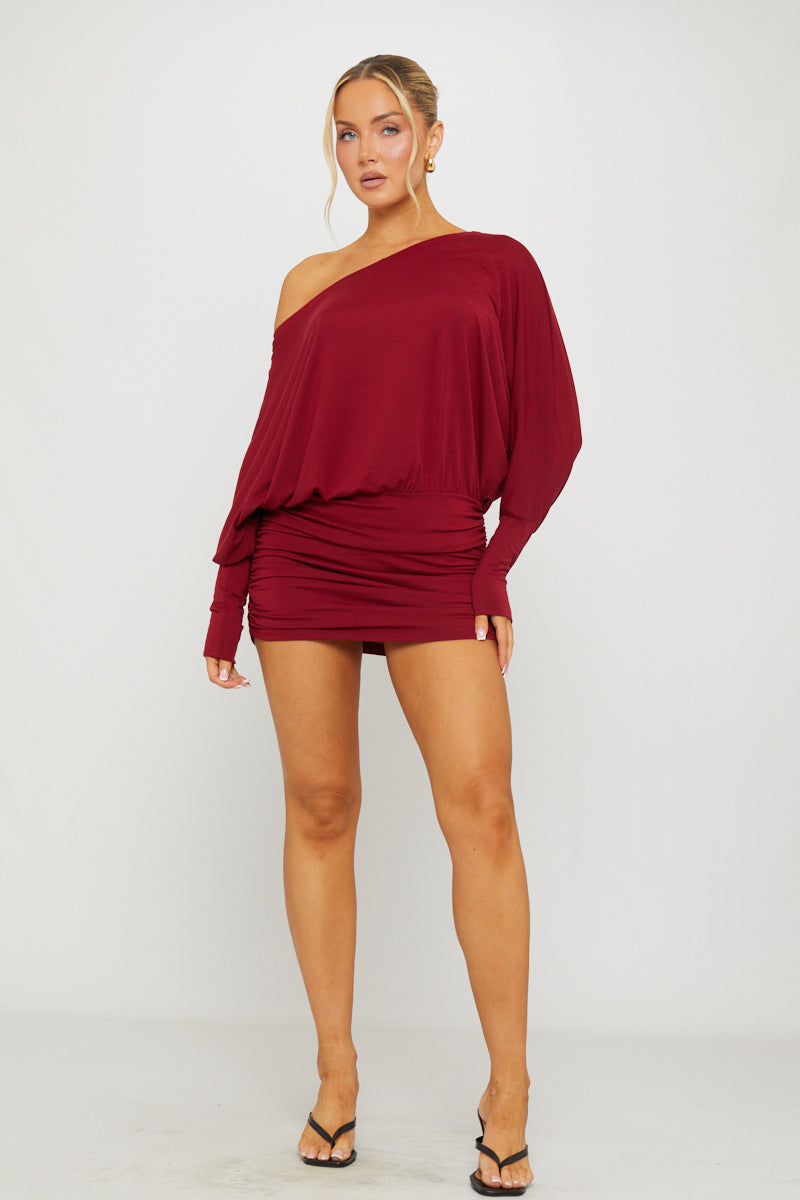 Burgundy Off Shoulder Ruched Batwing Mini Dress