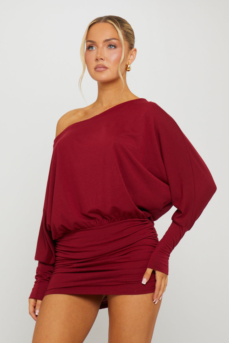 Burgundy Off Shoulder Ruched Batwing Mini Dress
