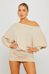 Cream Off Shoulder Ruched Batwing Mini Dress