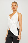 White Halter Asymmetric Plunge Buckle Detail Top