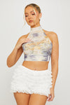 Cream High Neck Butterfly Print Diamante Crop Top