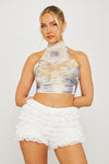 Cream High Neck Butterfly Print Diamante Crop Top