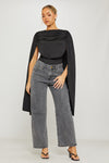 Black Shoulder Draped Ruched Bodysuit