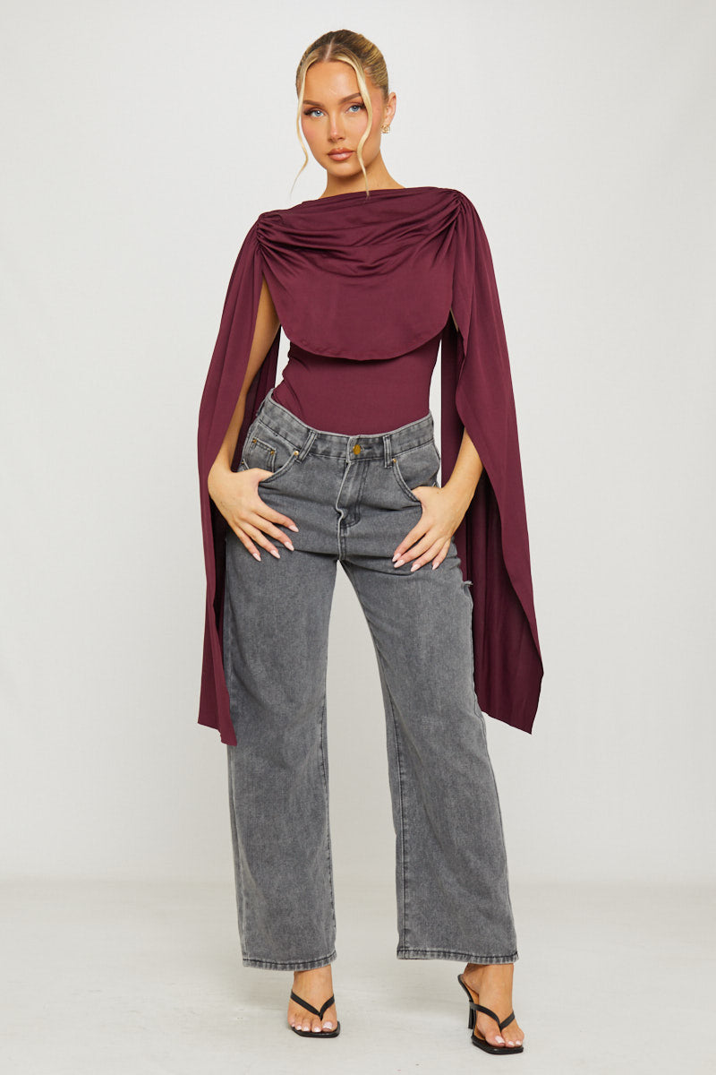 Brown Shoulder Draped Ruched Bodysuit