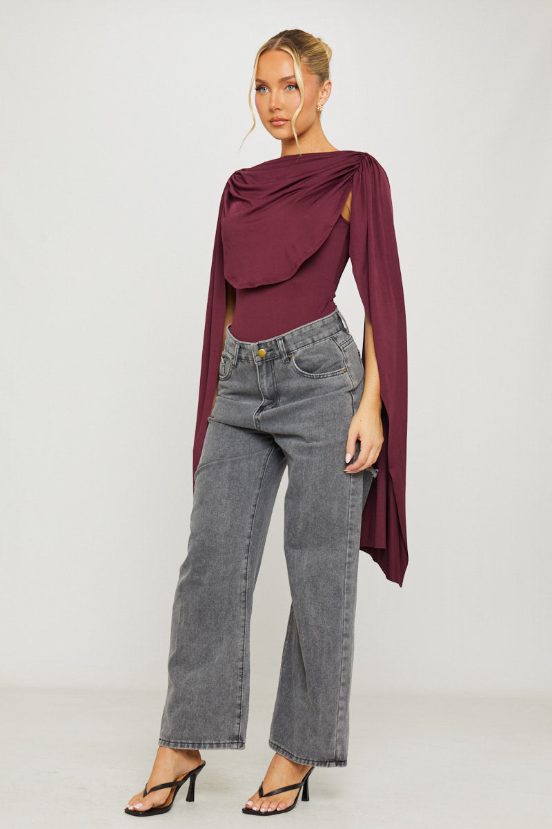 Burgundy Shoulder Draped Ruched Bodysuit